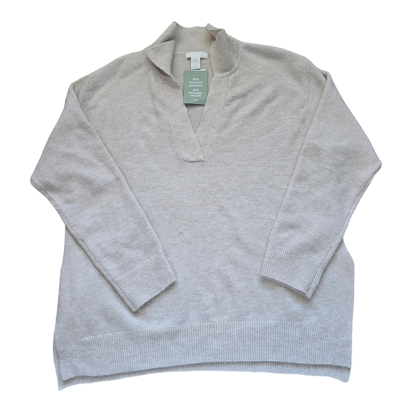 H&M Sweater Womens Sz S Crop Heathered Beige Hooded V-neck Knit Grunge New - Picture 1 of 10